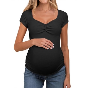 Camiseta de Maternidad Negra para Mujer, Cuello Redondo Fruncido, Manga Corta, Tejido Casual, Transpirable, Color Sólido - Product Image 1