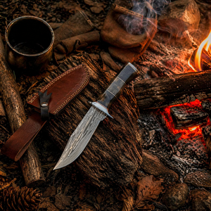 Handmade Camping <b>Knife</b> with Drop Point Blade and Straight Edge in Damascus Steel <b>Bone</b> <b>Handle</b> with Leather Sheath - Product Image 6