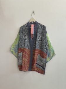 Bata de algodón y fibra de bambú para mujer, estilo patchwork, manga larga, sin cuello, estampada, para estar en casa, ideal para primavera - Product Image 4
