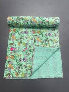 Handmade Floral <b>Quilt</b> Green Cotton Print Bohemian Style All-Season Home Hotel Use Reversible Washable Eco-Friendly <b>Double</b> Bed - Product Image 1