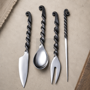 Ensemble de couverts Dark Hammer Art Antique en acier à haute teneur en carbone avec manche torsadé, comprenant cuillère, fourchette, couteau utilitaire et pique à dîner - Product Image 3