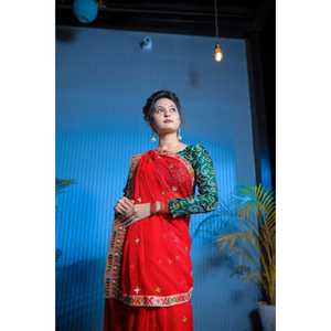 RV Creation <b>Red</b> Designer Evening <b>Saree</b> with Embroidery and Mirror Work Unstitched for Parties - Product Image 4