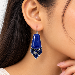 Pendientes Colgantes de Moda de Plata Oxidada y Latón con Piedra Azul |   Joyería Étnica Boho para Fiestas |   Suministro al por Mayor - Product Image 2