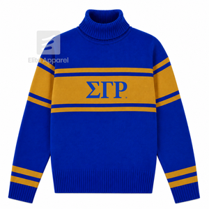Logo brodé personnalisé de la sororité Sigma Gamma Rho sur le devant, rayé bleu et or, pour vêtements grecs féminins. - Product Image 2