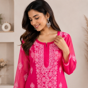 Kurti indien tendance en georgette Chikankari - Robe longue ethnique rose à fleurs brodées pour femmes - Product Image 2