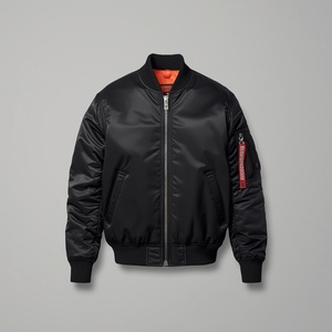 Chaqueta Bomber Negra para Hombre, Cierre de Cremallera, Cuello Alto, Resistente al Viento, Relleno de Poliéster, Estilo Casual Urbano, Parche en la Manga Izquierda Delantera - Product Image 1