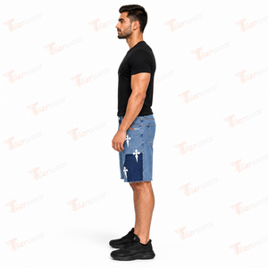 Shorts en jean patchwork pour homme, bleu délavé avec appliques croix blanches, taille mi-haute, style décontracté d'été - Product Image 3