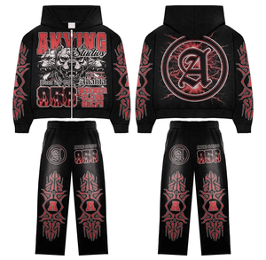 Conjunto de Sudadera con Capucha y Pantalones Acampanados de Algodón con Lavado Ácido y Pedrería Estilo Streetwear para Hombre, con Gráficos Personalizados y Efecto Desgastado - Product Image 2