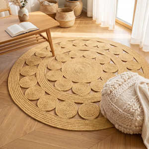 Tapis rond en corde de coton ajouré à motif floral pour salon scandinave et maison au design organique moderne - Product Image 1