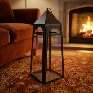 Iron and Glass Lantern <b>Candelabra</b> Home Decoration Durable <b>Black</b> Candle Holder for Indoor Use Ramadan & Weddings LED - Product Image 1