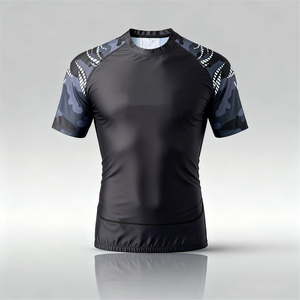 Custom Logo <b>Mens</b> Short Sleeve Rash Guard <b>Compression</b> <b>Shirt</b> Quick Dry Polyester Spandex Sport Top Front Print OEM MMA Rash Guard - Product Image 3