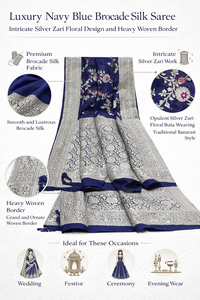 Sari en soie brocart bleu avec tissage floral en zari argenté complexe et bordure traditionnelle riche - Product Image 6