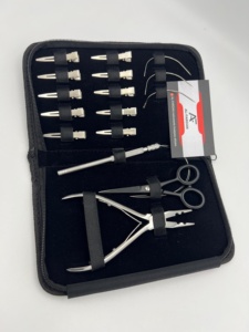 Kit professionnel d'outils pour extensions de cheveux en acier inoxydable, finition miroir argenté, petits kits de pose inclus, pinces, ciseaux, clips, boucles - Product Image 2