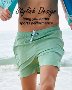 Shorts de bain pour hommes, couleur unie, avec doublure de compression, 2 en 1, respirants, séchage rapide, avec poche zippée - Product Image 2