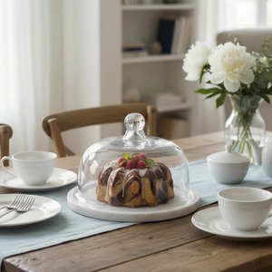 Support à gâteau rond en verre avec couvercle en dôme transparent, base blanche, réutilisable, lavage à la main uniquement - Product Image 4