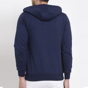 Men's Navy Blue Hooded <b>Zip</b>-<b>Up</b> Sweatshirt With <b>White</b> And Red Color Blocking Regular Fit Casual French Terry 100% Cotton - Product Image 2
