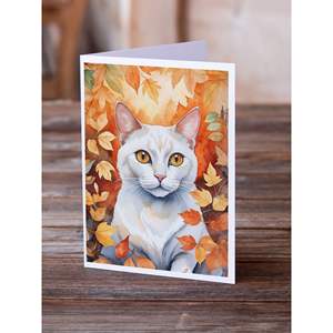 Khao Manee Cat in Fall Leaves Paquete de 8 Whimsical A7 Tamaño 5x7 Tarjetas de notas en blanco con sobres para saludos - Product Image 2
