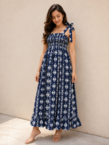 Vestido Occidental Azul Estampado de Alta Calidad para Mujer, Sin Mangas, con Tirantes Ajustables en los Hombros, Busto Fruncido y Dobladillo con Volantes, Estilo Casual de Verano - Product Image 4