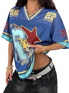 Camiseta de fútbol americano de malla personalizada OEM para mujer, estilo crop oversize, con hombros descubiertos, corte holgado, top gráfico Y2K streetwear - Product Image 4