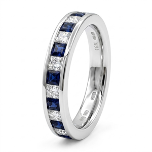 Bague de mariage classique en or blanc 18 carats avec saphir bleu et diamants, sertie en canal à taille princesse alternée, pour cadeau d'anniversaire de luxe - Product Image 3