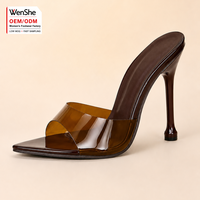 Sandales mules à talon aiguille transparentes noires pour femmes, style européen-américain, bout pointu, antidérapantes, en caoutchouc, fabrication OEM/ODM pour le Moyen-Orient