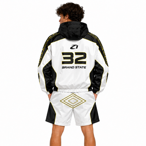 Ensemble court coupe-vent en nylon tendance avec empiècements contrastants pour homme, léger, à capuche, OEM, marque privée, fournisseur de sweats sportifs - Product Image 2