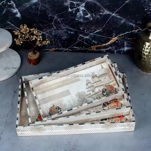 Ensemble de plateau à thé en bois de super qualité-Grands petits plateaux de service Organisateur de cuisine imprimé rectangulaire Service décoratif fait à la main - Product Image 1