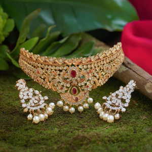 18K Gold Matte Choker with <b>Ruby</b> Floral Design Trendy Diamond Pearl <b>Necklace</b> - Product Image 3