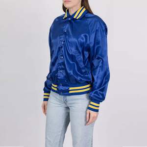 Veste en satin bleu roi vintage pour femme, col rabattu, poignets côtelés rayés jaunes, fermeture à boutons-pression, vente en gros OEM, modèle 2026 le plus vendu - Product Image 3