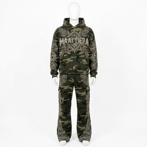 Mens <b>Camouflage</b> Hoodie Tracksuit <b>Cargo</b> <b>Pants</b> Rhinestone Leaf Embroidery Custom Streetwear Sportswear Matching Set - Product Image 3