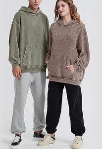 Unisex Washed Cotton Hoodie <b>Oversized</b> Casual Long Sleeve Solid Color Pullover Sweatshirt with Drawstring and Side Pockets - Product Image 5