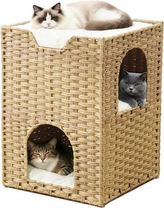 Casa para Gatos de Tres Niveles - Cueva de Ratán Tejida a Mano con 2 Escondites y 3 Almohadillas Suaves - Mueble Plegable y Resistente para Gatos - Product Image 1