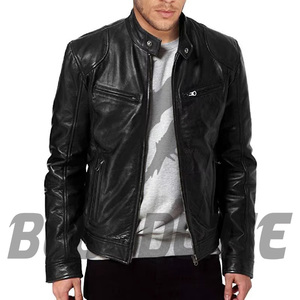 Men's Genuine <b>Leather</b> Moto Biker <b>Jacket</b> Stand Collar Zipper Closure Slim Fit Autumn Wear Solid Color Regular Sleeve - Product Image 2