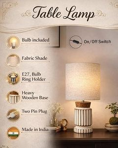 Modern <b>Table</b> Lamp Decorative Side Lamp Beige Fabric Shade Fluted Base <b>Bedside</b> Reading Light for Living Room - Product Image 3