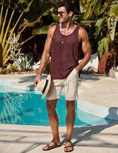 Men's <b>Maroon</b> Knitted Sleeveless Tank <b>Top</b> O-Neck Hollow Out Breathable Casual Vest 100% Polyester - Product Image 4