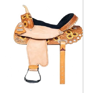 Selle occidentale florale de tournesol Course durable Équipement de cheval anglais Cuir véritable Tambour teint Produits doux de l'Inde - Product Image 1