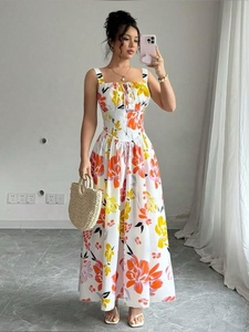 Vestido Maxi Floral Boho Chic de Verano para Mujer, Cuello Cuadrado, Sin Mangas, Silueta en A, Bordado Floral, Vestido Largo - Product Image 2