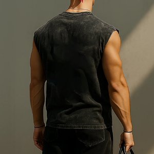 Camiseta sin mangas para hombre, negra, estilo vintage, lavada, de corte holgado, de algodón doble suave, cuello redondo, color liso, para hip hop, entrenamiento y gimnasio - Product Image 3