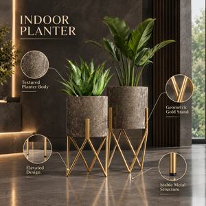 Ensemble de jardinières d'intérieur en métal texturé avec support doré |   Pots à fleurs modernes et hauts pour le salon, l'hôtel, le bureau, la maison, le jardin, décoration de luxe - Product Image 3