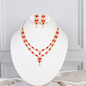 RAY FINE ORNATES Vintage Style Gold Plated Brass <b>Ruby</b> Pink <b>Necklace</b> Set Handmade Layered <b>Necklace</b> Earrings Bridal Jewelry - Product Image 1
