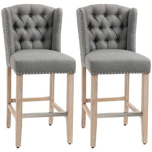 Juego de 2 taburetes de bar con altura de mostrador, 27 pulgadas, respaldo capitoné con adornos de clavos y patas de madera en gris - Product Image 1