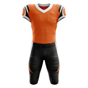 Ensemble d'uniformes de football américain pour hommes, orange et noir, manches courtes, col en V, jersey sublimé ajusté, pantalon respirant - Product Image 1
