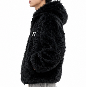Veste polaire noire pour homme OEM, streetwear personnalisé, à capuche en peluche, entièrement zippée, vêtement d'extérieur chaud pour l'hiver, fournisseur en gros USA Y2K - Product Image 4