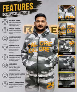 Sweat à capuche zippé camouflage pour homme avec imprimé personnalisé jaune et détails cloutés, style streetwear, coupe classique, en molleton. - Product Image 1