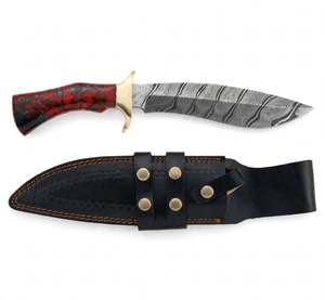 Couteau utilitaire courbé en acier Damas fait main, manche en bois de résine rouge, lame fixe, outil de collection - Product Image 3