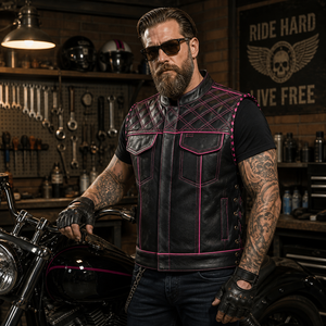 Chaleco de Motociclista para Hombre, de Cuero Genuino Ecológico, con Patrón a Cuadros Acolchado, Costuras Negras y Rosas, Cierre de Cremallera, Sin Cuello - Product Image 1