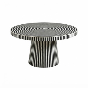 Table basse de luxe bleu sarcelle avec incrustations en os, faite à la main, ronde, rayée, personnalisable, mobilier de salon moderne sur piétement - Product Image 1