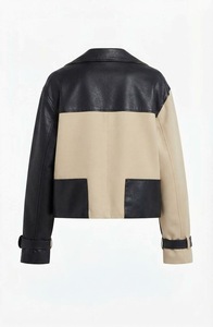 Women's Color Block Cropped Leather Jacket Oversized Biker Coat Waterproof Sleeve Cuff <b>Belt</b> Fall Casual Outerwear - Product Image 4