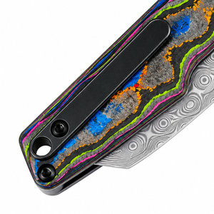 Couteaux de poche pliants à lame style Damas argentée avec poignée à motifs multicolores et fente d'ouverture pour usage quotidien et activités de plein air - Product Image 6