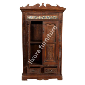 Luxury Handcrafted Solid Wood 2 Door <b>Wardrobe</b> Ornate Jaali Lattice Carving Premium Dark Oak Armoire - Product Image 2